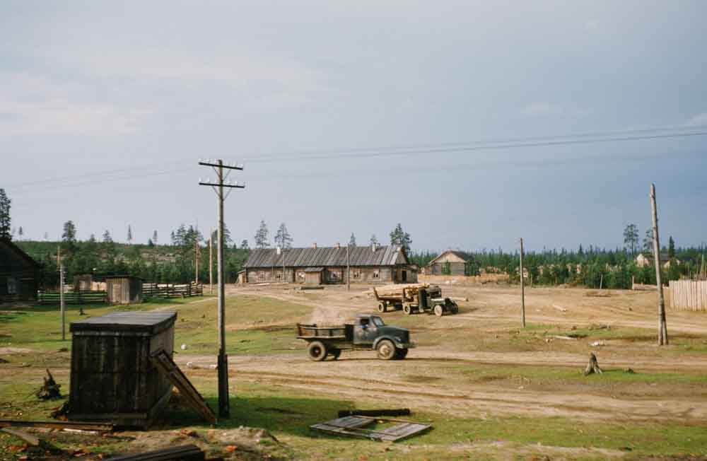 Trucks hauling timber in an unknown village.