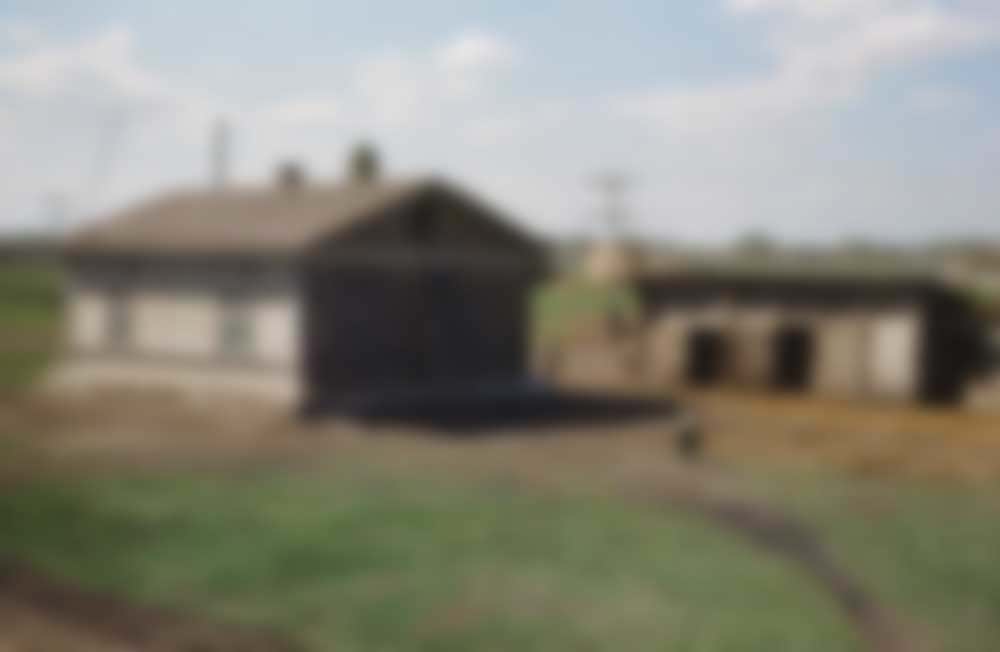 Village life photographed from a passing train.
